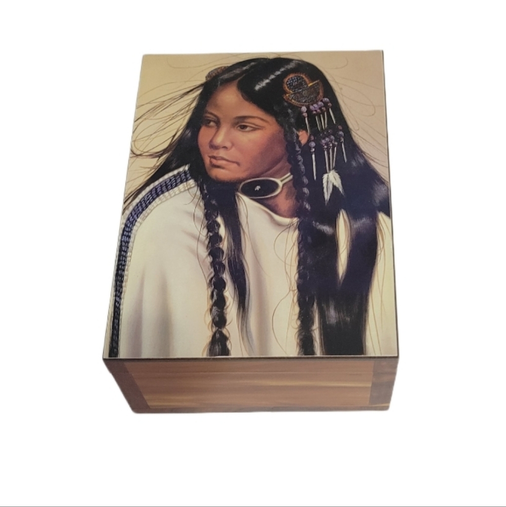 Vintage Southwest Native American Woman Wooden Box/ Jewelry Box/ Storage Box